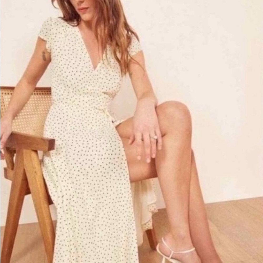 Reformation Carina - Cream Polka Dot Midi Wrap Dress